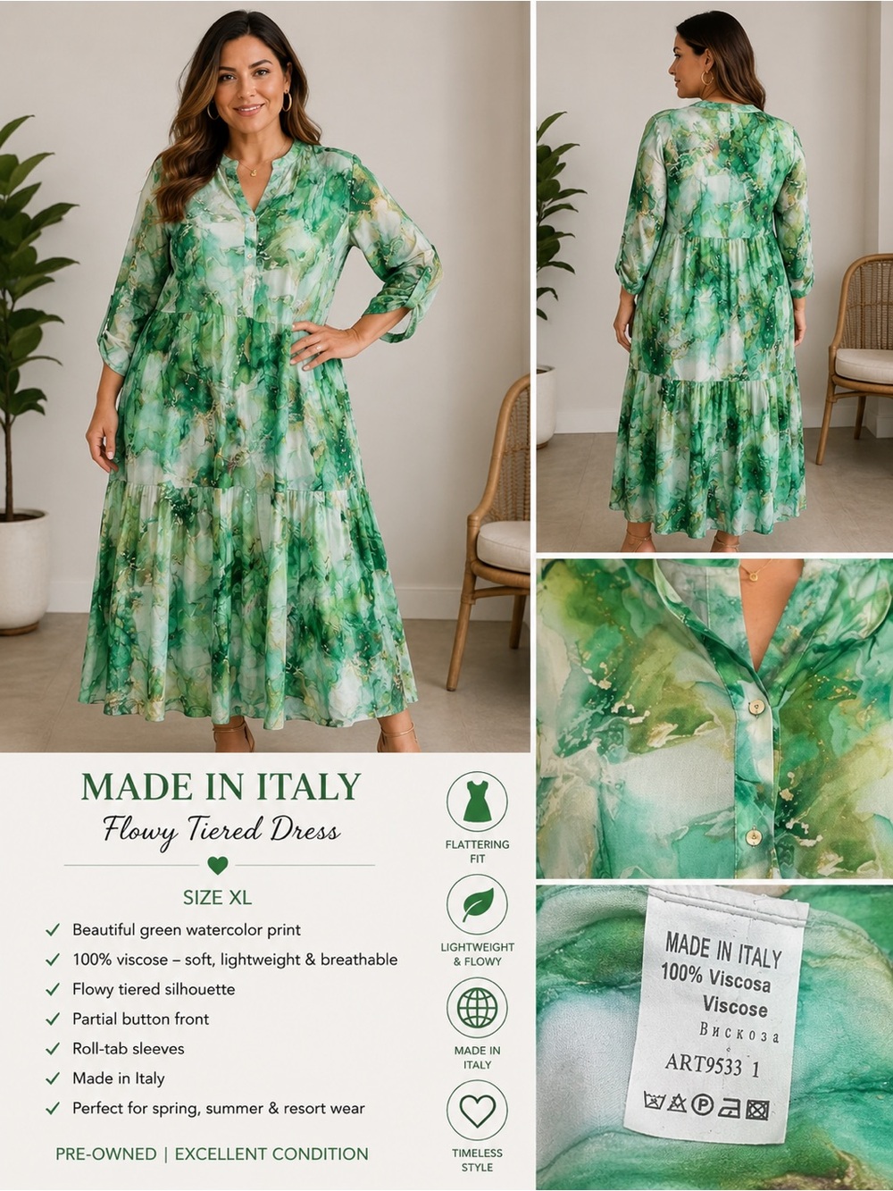 Dress the Population Green Watercolor Tiered Maxi Dress